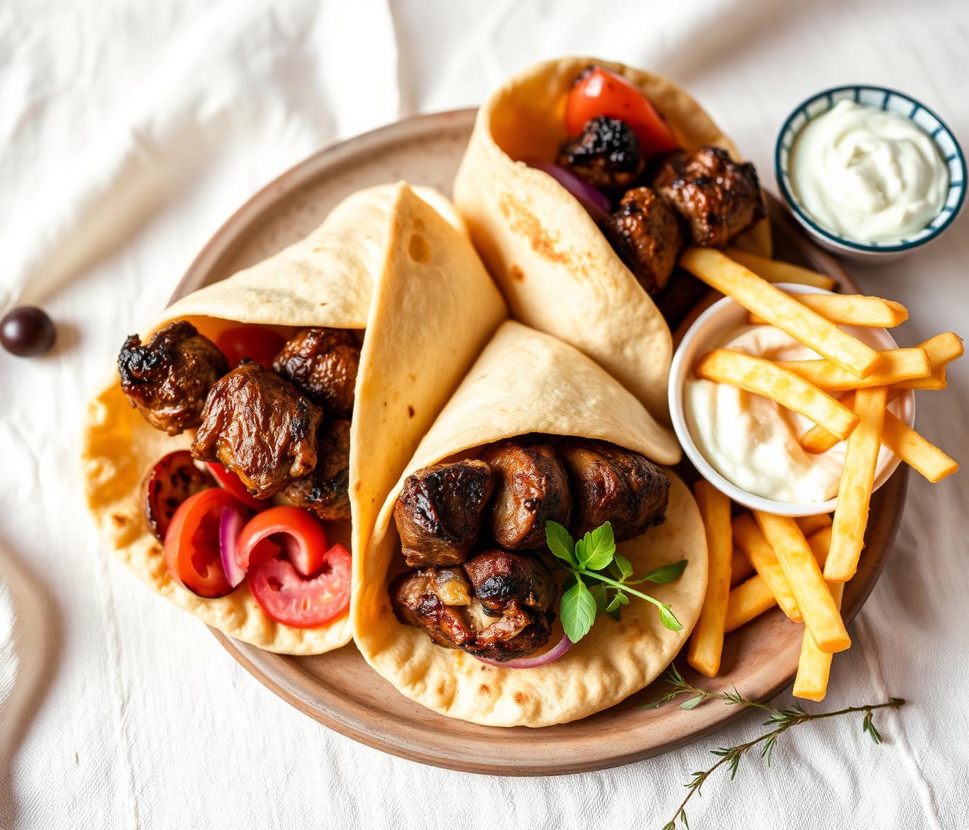 A plate of souvlaki wraps with tzatziki and chips